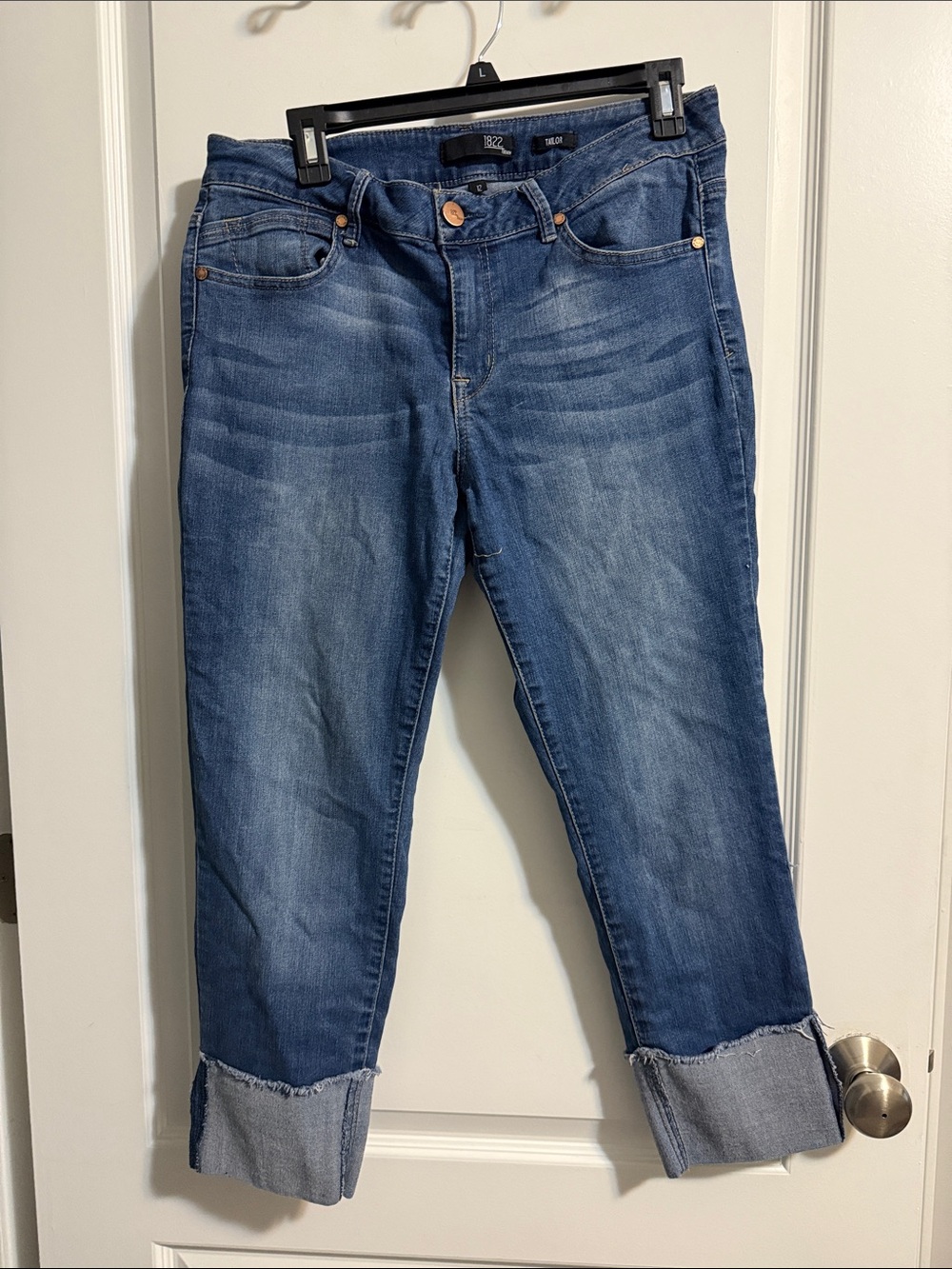 1822 Denim Women's Boyfriend Jeans in Medium Blue with Cuffed Hem